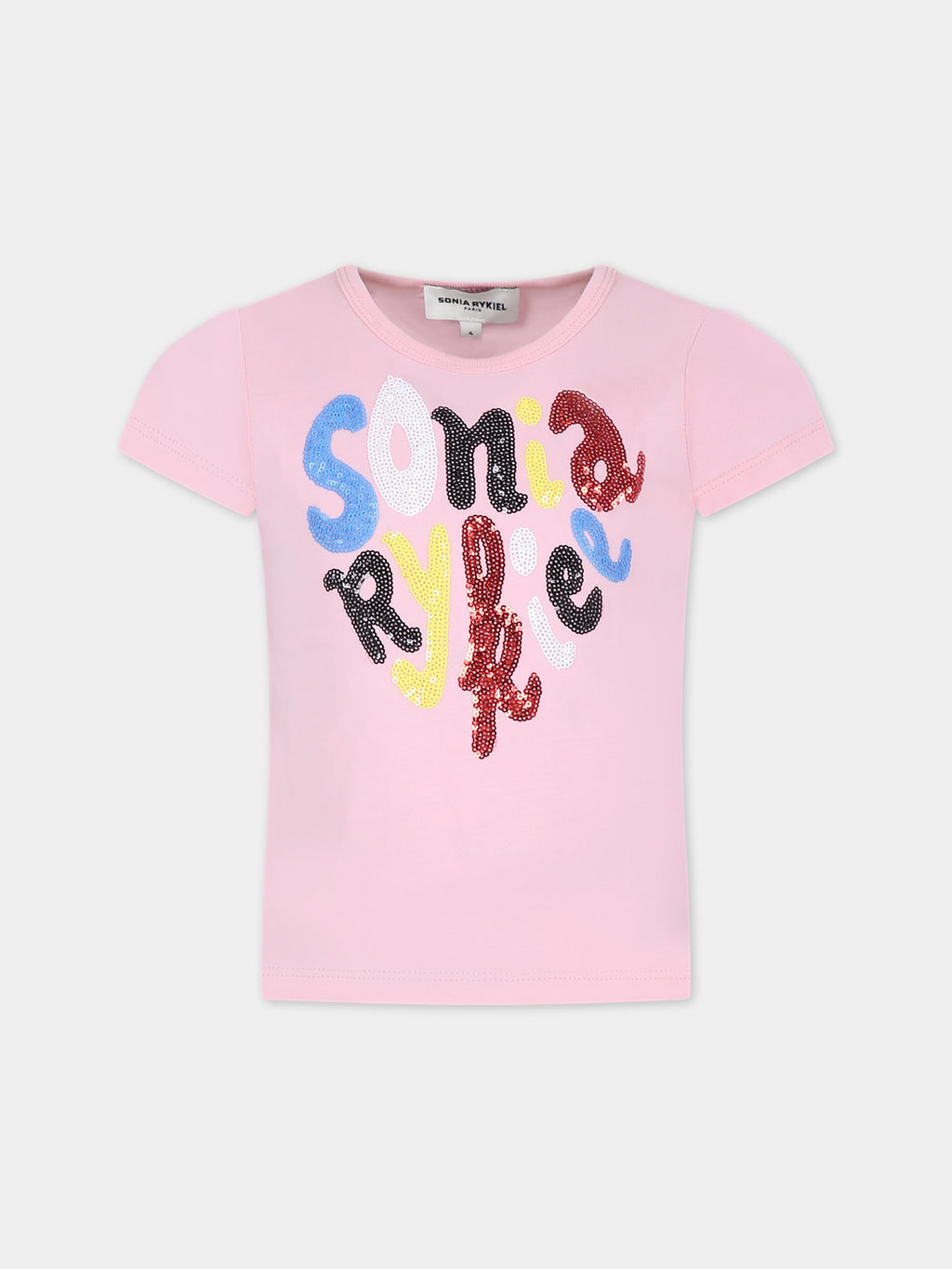 T-shirt rosa per bambina con logo e paillettes
